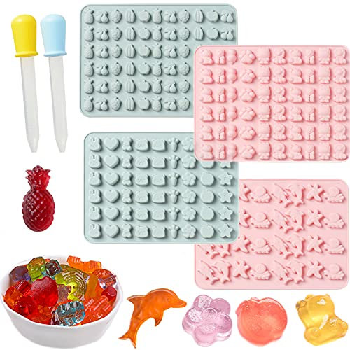 X-BLTU Packung mit 4 verschiedenen Tier- und Obst-Silikon-Schokoladenformen, Gummiform, lebensmittelechtes Silikon, Eiswürfel mit 2 Bonus-Tropfern