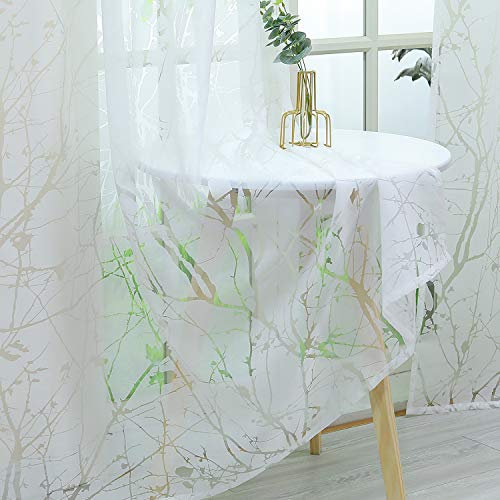 Delien Voile Ausbrenner Gardine mit Äste Muster transparenter Vorhang mit Schlaufen Wohnzimmer Gardinenschals BxH 140x145cm Weiß 1 St.