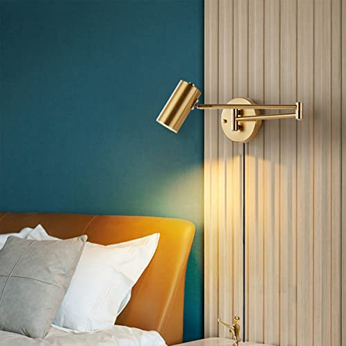 FREEDL LED Industrial Wandleuchte Langer Arm mit Swing Arm, Faltbare Gold Wandlampe Innen Vintage mit Schalter und Stecker, Verstellbare Wandbeleuchtung Lesen Retro Nachttisch Beleuchtung E27 Fassung