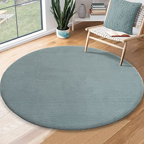 the carpet Relax Moderner Flauschiger Kurzflor Teppich, Anti-Rutsch Unterseite, Waschbar bis 30 Grad, Super Soft, Felloptik, Blau, 200 x 200 cm Rund