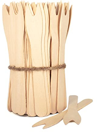 wisefood Pommesgabel/Früchtegabel aus Holz 12 cm, 10000 Stück Einweg Besteck, stabil, umweltfreundlich und biologisch abbaubare Partypicker aus Birkenholz