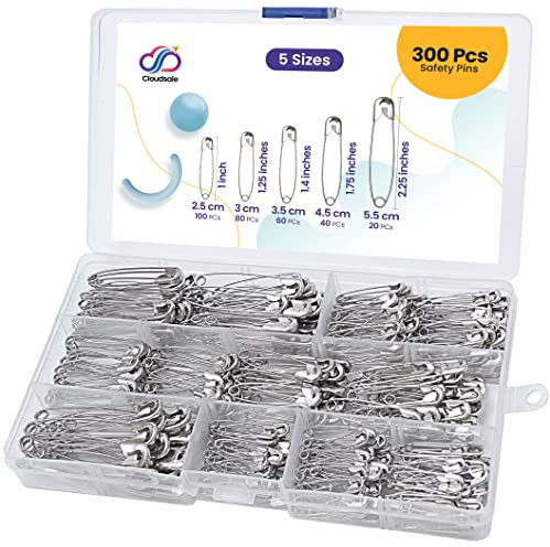 CLOUDSALE 300 Pack Safety pins - 5 Assorted Large Sizes, 25/31/35/44/57mm, Nickle Plated Rust Resistant Steel. Sharp Edged Pins with Clasp. for Arts & crafts, Clothing, Sewing, and Dressmaking