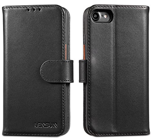 LENSUN Flip Case for iPhone SE 2022/2020/8/7, Genuine Leather Wallet Phone Cover [RFID Blocking] with Card Holder and Magnetic Closure for iPhone 7/8/SE 2022/2020 - Black