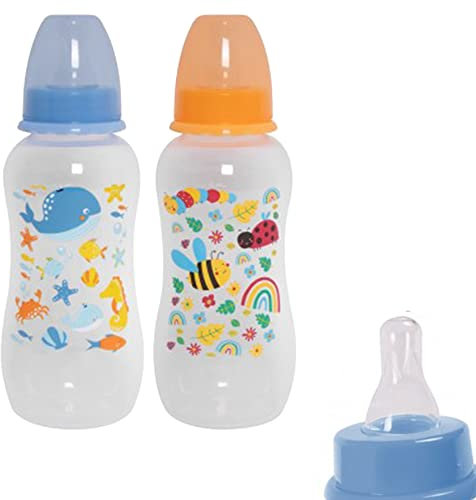 2 Pack Baby Milk and Water Bottles, Easy Grip and Soft Silicone Medium Flow Teats 300ml 10oz, Fun and Cute Animal Designs, Great for Home, Nursery or On The Go, 0+ Months