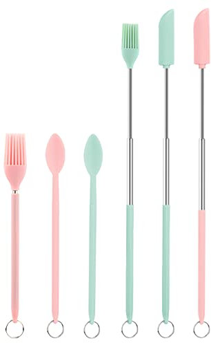 Telescoping Spatula and Spoon, 2pcs Mini Spatulas 2pcs Telescoping Spoons 2pcs Mini Oil Brushes Retractable Silicone Scraper Makeup Spatula Set for Kitchen Food Narrow Bottle Cosmetics (Pink, Green)