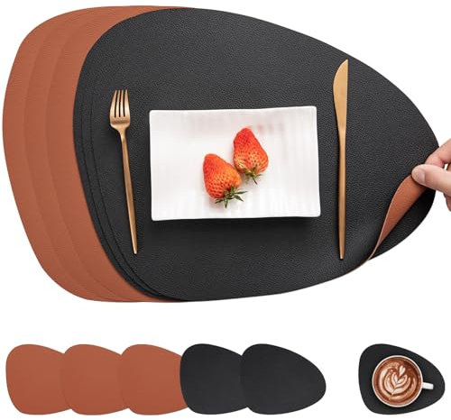 Myir JUN Tischsets Leder und Untersetzer, Tischsets Abwaschbar Rund Doppelseitigen rutschfest Platzdeckchen Leder Kunstleder Tischset Lederoptik Platzset (Schwarz Braun, Satz von 6)