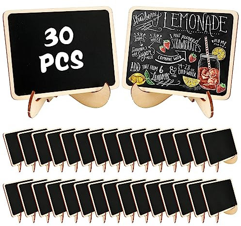 30 Pcs Mini Kreidetafeln mit Ständer, 10 * 7.5cm Holz Kreidetafel Klein, Mini Tafeln Zum Beschriften Tischaufsteller, Kreidetafel klein Set Als Platzkarte Preisschilder für Hochzeit Buffet Geburtstag