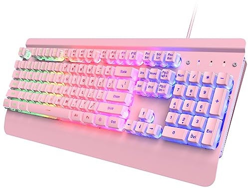 Dacoity Pink Gaming Keyboard, 104 Keys, All-Metal Panel, Rainbow LED Backlight, Quiet Creamy Keyboard, Palm Rest, PBT Keycap, Anti-Ghosting Keys, Illuminated USB-T