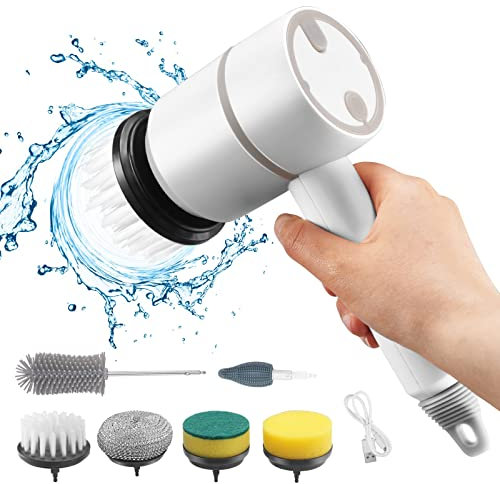 Misvayli 6 in 1 Automatic Electric Spin Scrubber, Cordless Shower Cleaner with 6 Replaceable Brush Heads Handheld Power Scrubber Electric Cleaning Brush for Bathroom and Kitchen(White)