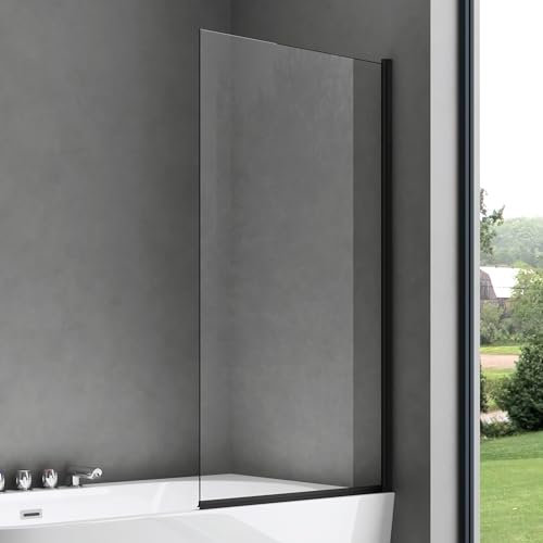doporro Parete Vasca Doccia 80 x 140 cm Sopravasca Anta Girevole 180° in Vetro Temperato Trasparente 6 mm, Profilo Nero Montaggio Reversibile Cortona201K