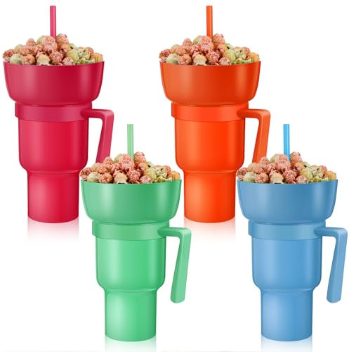 Baderke 4 Pcs Snack and Drink Cup 32 oz Stadium Tumbler with Bowl 2 in 1 Travel Cup Leak Proof Portable Reusable Snack Tumbler with Bowl on Top and Straw (Multicolor)