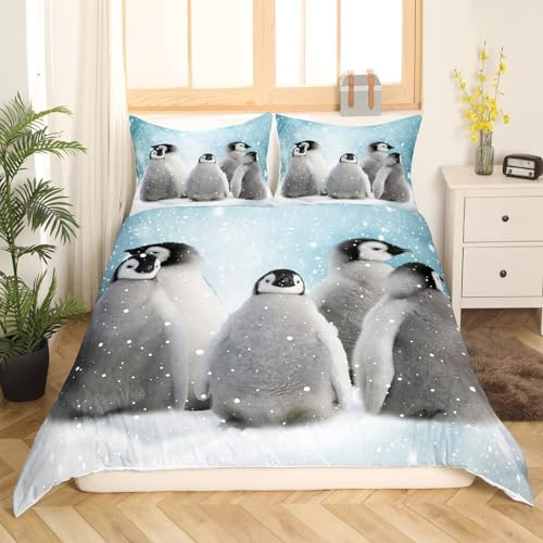 GIENDI Bettwäsche 200x200cm, Pinguin Bettbezüge Set Antarktischer Tierpinguin 3Teilig mit Reißverschluss und 2 Kissenbezüge 80x80cm,Microfaser Kinderbettwäsche ÖKO-TEX Zertifiziert für Allergiker