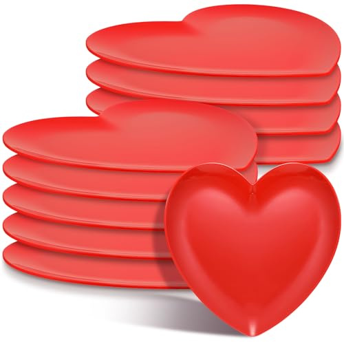 FillTouch 10 Stück 24,1 cm herzförmige Melamin-Teller, Speiseteller, Herzgeschirr, Geschirr für Valentinstag, Geburtstage, Brautpartys, Babypartys (rot)