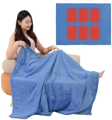 USB Heated Blanket Electric Heating Pads with 3 Temperature Levels Wearable Throw Blanket Machine Washable Winter Warm Fleece Shawl for Home Office Back Pain Relief, 110 * 70cm, Blue