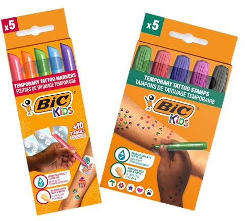 BIC Kids temporäre Tattoos Set: 5 Stifte und 5 Stempel in verschiedenen Farben, geruchsarme Tattoo Stifte für die Haut mit 10 Schablonen
