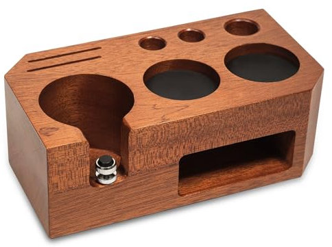 MHMondawn Tamperstation 58mm, Siebträger Halter aus Walnuss, Tamping Station für Barista Zubehör, Coffee Tamperstation Holz mit Silikonkissen, Einstellbare Höhe-Brown