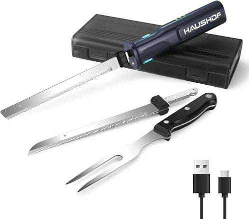 HAUSHOF 8V Cordless Electric Knife, Electric Carving Knife 20cm and Fork, Electric Carving Knife for Meat 2000mAh, Ideal for Slicing Meat, Bread, Cheese(Grey)