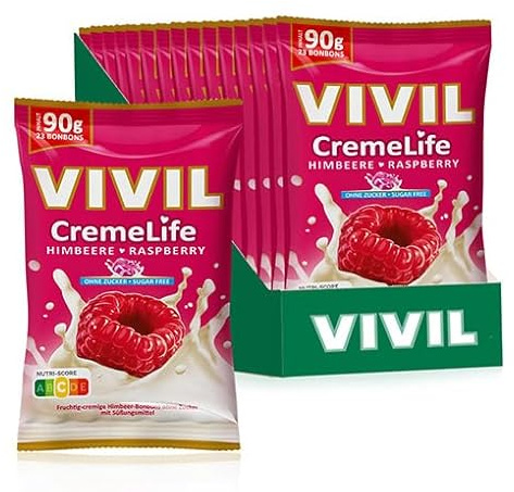 VIVIL Creme Life Himbeere, zuckerfreie Sahnebonbons, 15 x 90 g, glutenfrei | Cremiger Genuss mit echter Schlagsahne, Familienpackung für Zuhause und Büro