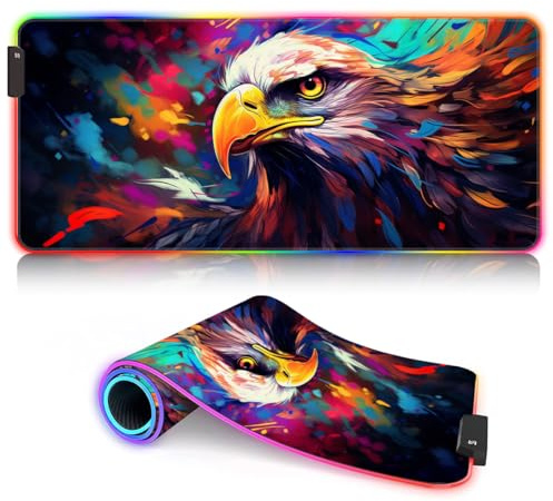Tapis de Souris Aigle psychédélique coloré LED XXL étendu Grand Tapis de Souris ROG Mat Extended Professionnel Grand (90x40x0,3) cm Gamer, Bureau