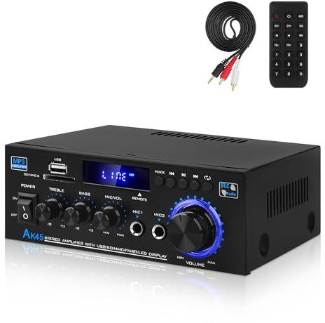 Amplificatore HiFi con Bluetooth, Mini Stereo Audio Amplifier Impianto 2.0 Canali 400W X 2 Amplificatore con Radio FM, BT, MIC, SD/USB Ingresso, Cavo audio per Home Cinema