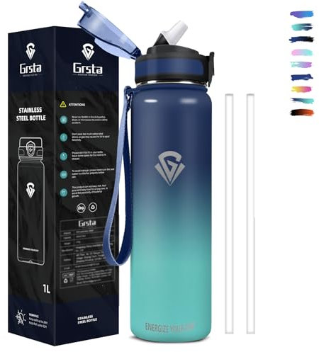 Grsta Gourde Isotherme, Gourde 1l sans BPA, Gourde Paille Anti Fuite, Double Paroi Isolante, Gourde Reutilisable, Facile à Nettoyer, Bouteille d'eau pour Camping, Randonnée, Running, Vélo, Yoga, Foot