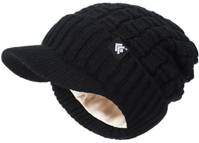 Creekstone Beanie für Damen Herren Satin gefütterte Wintermützen Slouchy Beanies Hüte Satin gefütterte Beanie mit Krempe Visier (DE/NL/SE/PL, Alphanumerisch, Einheitsgröße, Schwarz)