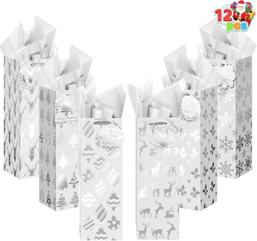 JOYIN 12 PCS Christmas Wine Bottle Gift Bags Silver Foil 6 Assorted Designs Xmas Wine Bags with Tissue Paper and Name Tags for Winter Holiday Anniversary Engagement Thanksgiving (4.75 x 4x 14)