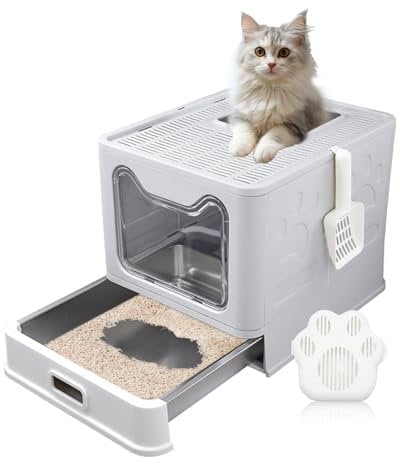 LEEJARD Katzenklo ausziehbares Edelstahl Tablett und Katzenklo Schaufel, hop in Katzenklo XXL Katzentoilette geschlossen geräumig katzenklo groß
