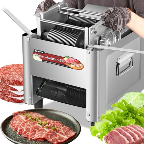 NEWTRY Trancheuse viande électrique commerciale 5mm 750W Gastro | Acier inoxydable, lames interchangeables, moteur puissant, facile à nettoyer, trancheuse pour boucheries et restaurants