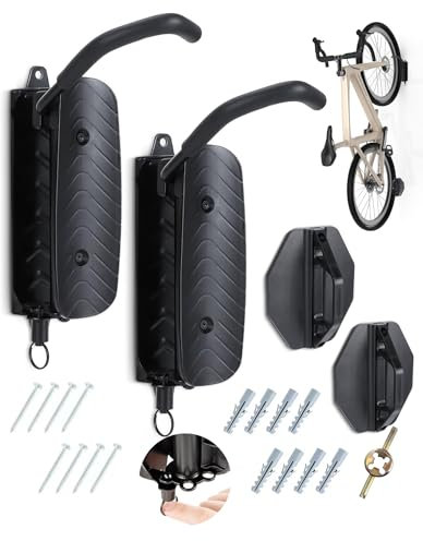 Lot de 2 supports muraux pour vélo, pivotants, pour garage, support de vélo mural, peu encombrant, avec clé à valve, peut supporter jusqu'à 30 kg