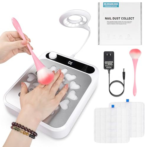 heemeei Nail Dust Collector, Dust Collector Nail Tech with LED Light & 2Pcs Reusable Filters & Cleaning Brush, Nail Fan Vacuum Dust Collector for Manicure Acrylic Gel Nails Polishing, Salon Home