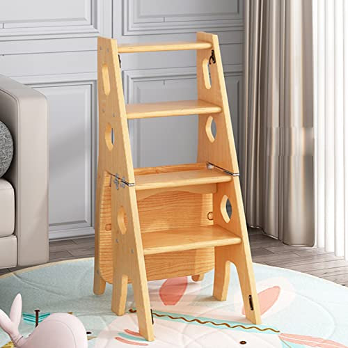 Wooden Step Ladder Chair Foldable Multifunctional 4 Step Ladder Chair for Home Library Steps Bookshelf Plant Stand Storage and Decoration Solution