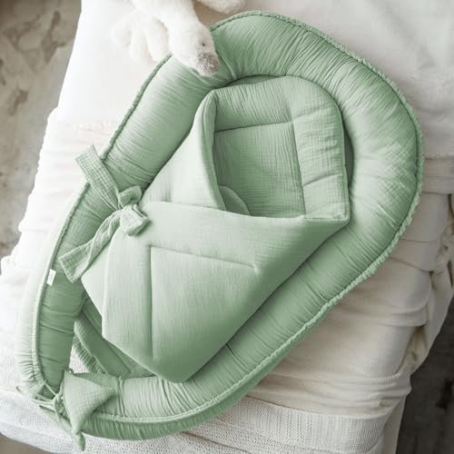 PALULLI® Set 2in1 Babynest und Einschlagdecke, 100% Musselinn, Baby Nestchen Set, Babynestchen - Baby Erstausstattung Babynestchen Neugeborene, Baby nestchen Junge - mädchen (Salbei grün)