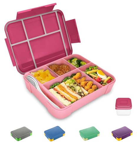 SiHuiTu Bento Lunch Box with 6 Compartments - 1330ml Leak Proof Container with Cutlery Set for Adults, Kids, School, Kindergarten, Office (Rose Red)