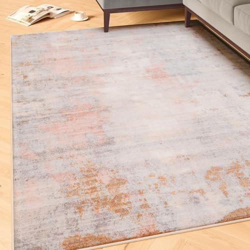 Machine Washable Abstract Pink Blue Cotton Large Rugs Pastel Stain Resistant Liquid Repellent Living Area Bedroom Rug 240cm x 330cm (7ft 10 x 10ft 10)