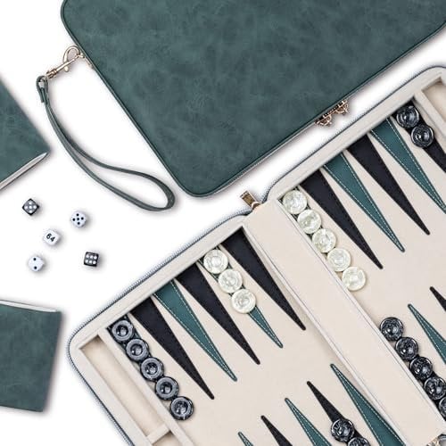 Backgammon-Sets für Erwachsene, klassisches Brettspiel mit faltbarem Kunstleder Backgammonetui, tragbares Reise-Backgammon-Set, inklusive 30 künstlichen Horn-Checkern (Green)