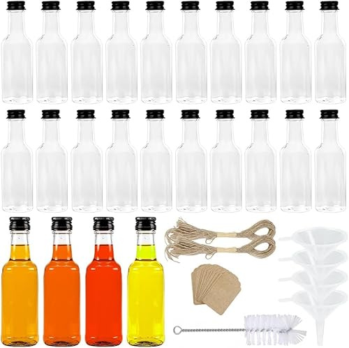 24 Stück Mini Fläschchen Kunststoff Likörflaschen, mit 2 Trichter, Reinigungsbürste und 24 Anhängern, 50ml Wiederverwendbar Plastik Schnapsflaschen, für Trank, Saft, Ginger Shots, Öle, Whiskey