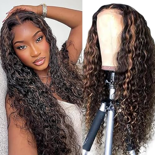 Weeybay Echthaar Perücke Curly Wave Human Hair Wig Glueless Wear and Go 4X1 Lace Closure PerüCken Damen with Baby Hair Bleached Knot P1B/30 Highlight Brown Color 26 Zoll