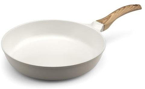 Cuisinox - Mythic - Poêle 28 cm avec revêtement en céramique blanche - Poignée Fixe Soft Touch effet bois - Sans PFOA et PFAS - Coloris Blanc et Gris