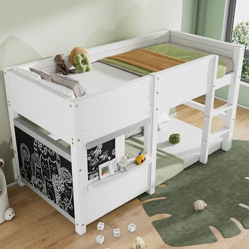 3ft Single Wooden Bunk Beds With 2 Blackboards for Scrawling, Mid-Sleeper Loft Bed with Small Shelf & Ladder & Guard Rail, Space-Saving Cabin Bed Frame Gaming Beds For Kids Teens, White, 190x90 cm
