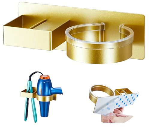 YYBO Porta phon e Piastra, Porta Piastra per Capelli, Porta Phone Bagno da Muro, Porta asciugacapelli da Parete Autoadesivo, Supporto per asciugacapelli per Camere da Letto e Barbiere, Oro