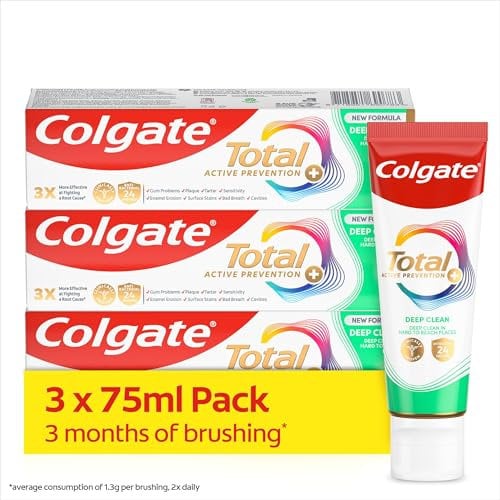 Colgate Total Active Prevention + Deep Clean Toothpaste 75ml x3 Multipack | 3x more effective at fighting a root cause¹ of many oral health problems | 24h antibacterial² protection | clinically proven