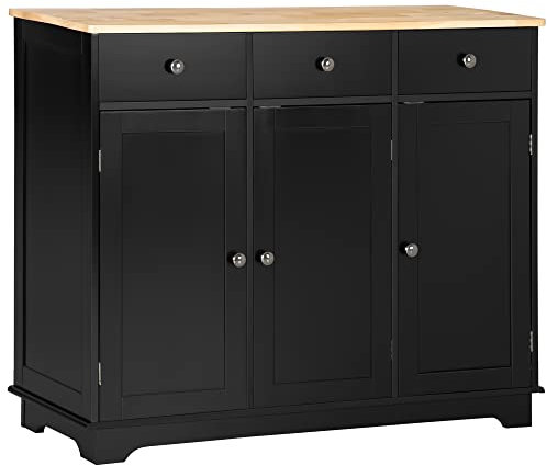 HOMCOM Modern Sideboard with Rubberwood Top, Buffet Cabinet with Storage Cabinets, Drawers and Adjustable Shelves for Dining Room, Kitchen, Black