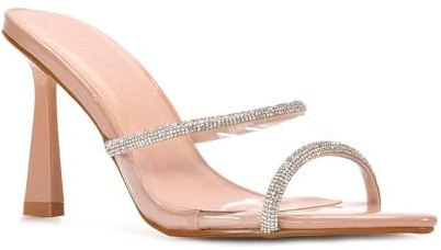 ESSEX GLAM Women's High Heel Clear Mule Ladies Sparkly Diamante Slip On Sandals Perspex Peep Toe Party Shoes Size 3-8