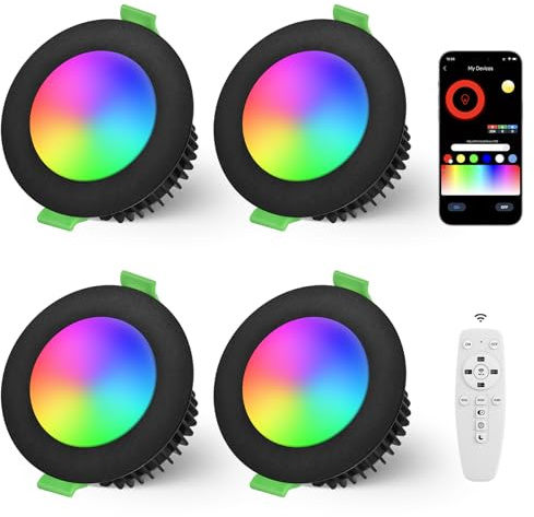 YindaLux 5W LED Einbaustrahler Dimmbar 230V RGB, 4 Stück LED Spots Warm bis Kaltweiss 2700K-6500K Steuerung mit App & Fernbedienung, Bohrloch 65-80mm IP44 Bluetooth Deckenspots, Schwarz