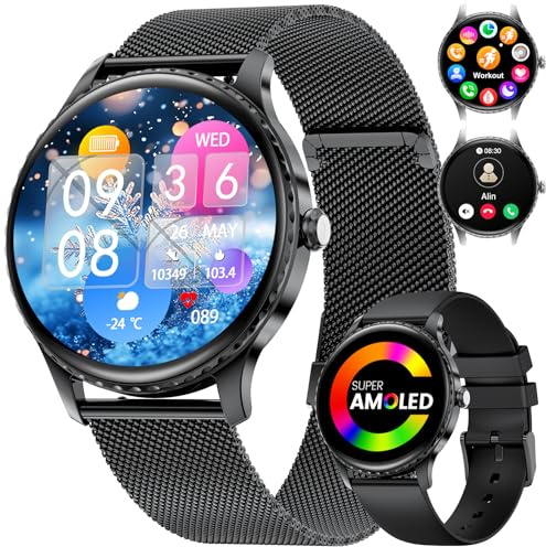 LIGE Smartwatch Damen 1.32 AMOLED Rund Touchscreen mit Telefonfunktion, IP68 wasserdichte /120+Sport Modus/Frauengesundheit/Kalorien/Herzfrequenz, Smart Watch für iOS Android Schwarz