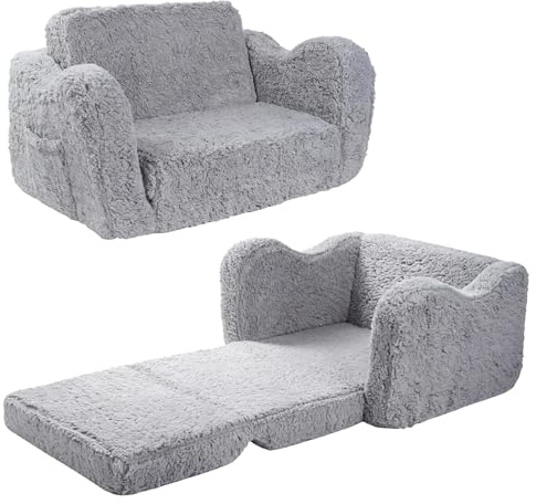 Vinteky Kindersofa Aufklappen 2-in-1 Kleinkinder Schlafsofa, Kindersessel, Kinder Couch Ausklappbar Kinder Sofa für Kinderzimmer Kindertags- und Geburtstagsgeschenk für Mädchen und Jungen, Grau