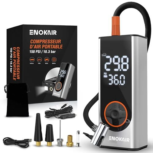 ENOKAIR Gonfleur Pneus Voiture sans Fil 6000 mAh Mini Compresseur à Air Portatif 150 PSI (10,3 Bar) 12V Allume-Cigare, Arrêt Automatique, LED, Pompe Électrique Voiture Moto Vélo Ballon