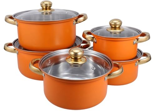 BAZEITFLOW Juego de Ollas y Asas Resistentes al Calor de Acero Inoxidable 5 Piezas con Tapas de Vidrio para Cocina Diaria y Cocción