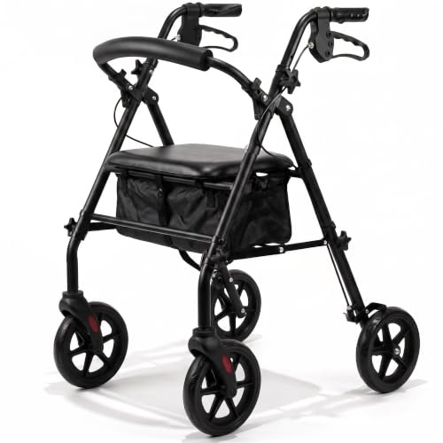 Eazy Elite Lightweight Rollator 5.7kg Aluminium Folding Walker with Adjustable Handles 8 Inch Wheels Ergonomic Brakes Soft Seat and Storage Bag Indoor and Outdoor Mobility Aid for Elderly and Disabled